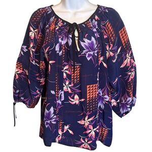 Yumi Kim Womens Floral Silk Blouse Sz S Tie Neck Asian Theme Flowy Old Money‎
